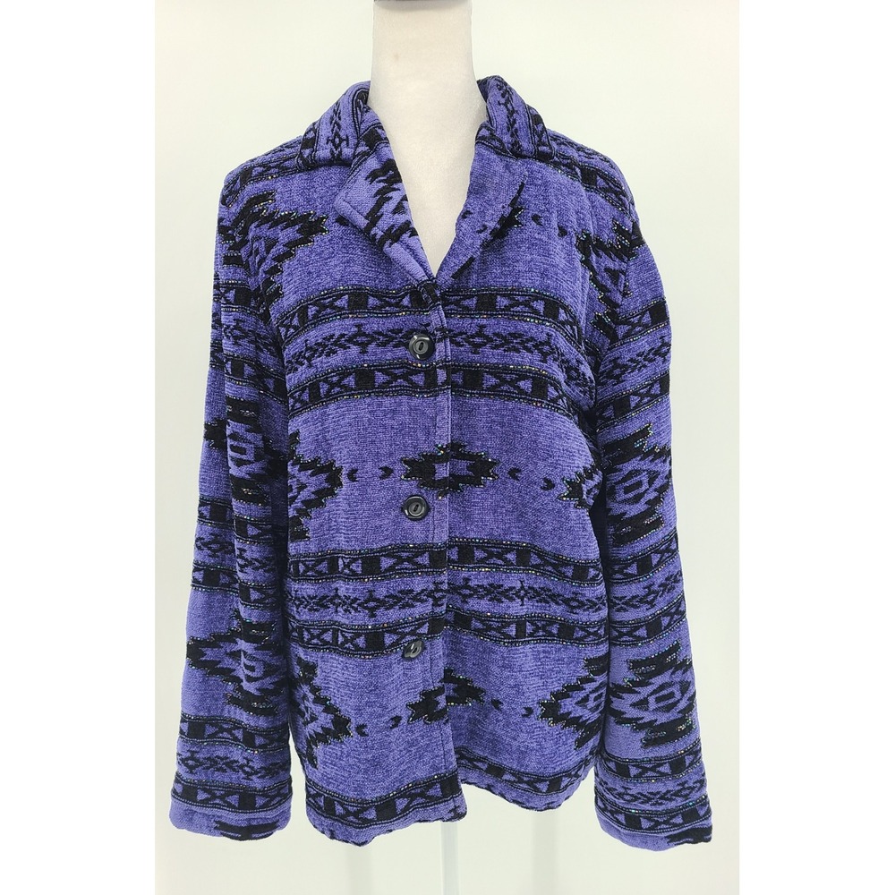 Coldwater Creek Velour Aztec Bead Blazer Sz Medium Button Up Southwestern Boho‎